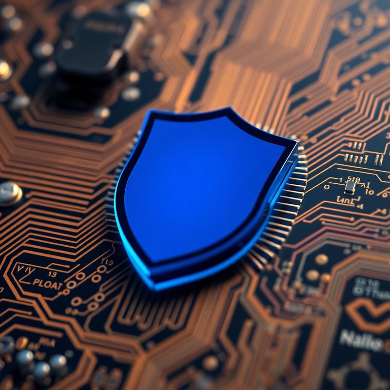 Shield icon in azure blue over a circuit-board texture, representing risk controls