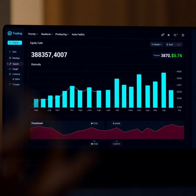 Data dashboard showing equity curve, monthly P&L bar chart and drawdown graph in azure tones
