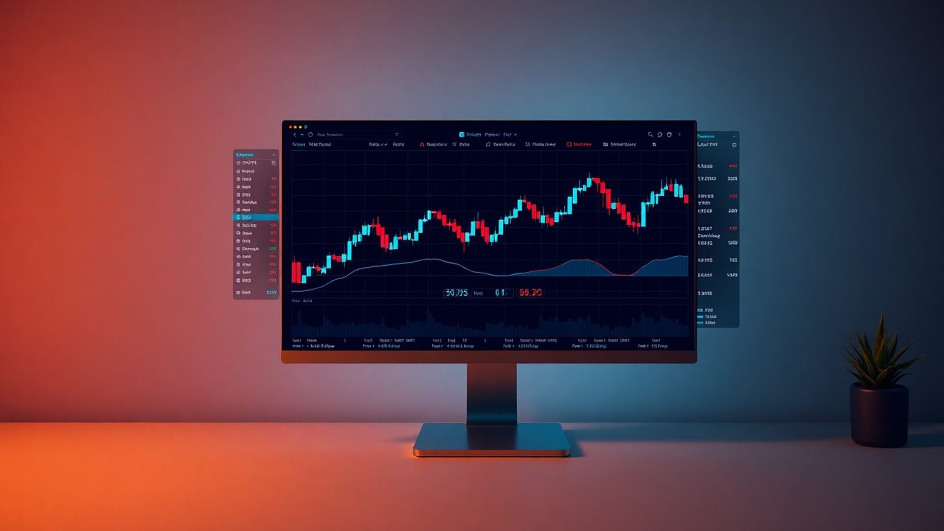 Trading terminal displaying live order flow and azure-blue candlestick charts