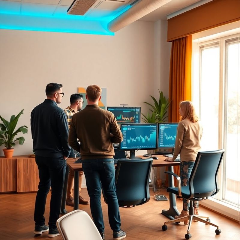 Small engineering team gathered around monitors showing trading dashboards in a București office