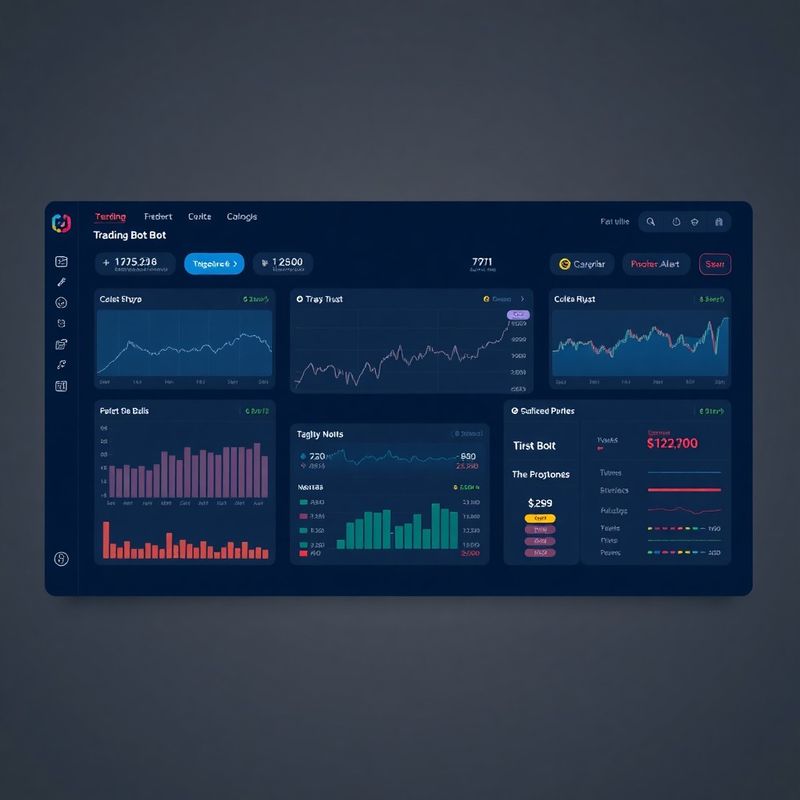 Trading bot monitoring interface with live P&L panels and uptime indicators in azure blue